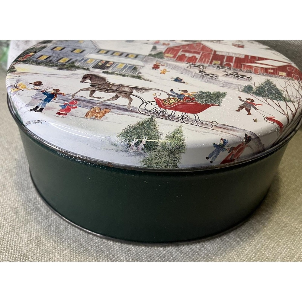 Vintage Susan Winget Winter Village Christmas Nut Tin Round Metal Storage Box 8" - Picture 2 of 6